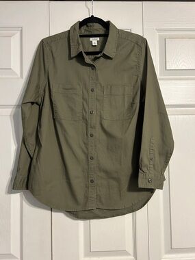 L.L. Bean Medium Petite Olive Green Tencel Lyocell Button Front Shirt Neutral